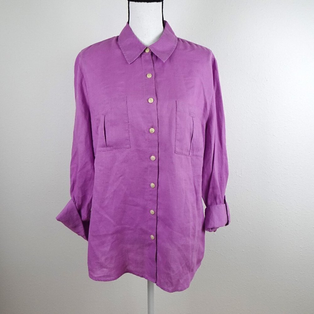Investments Linen Blouse Top Women's 14W Purple Roll Tab Sleeves